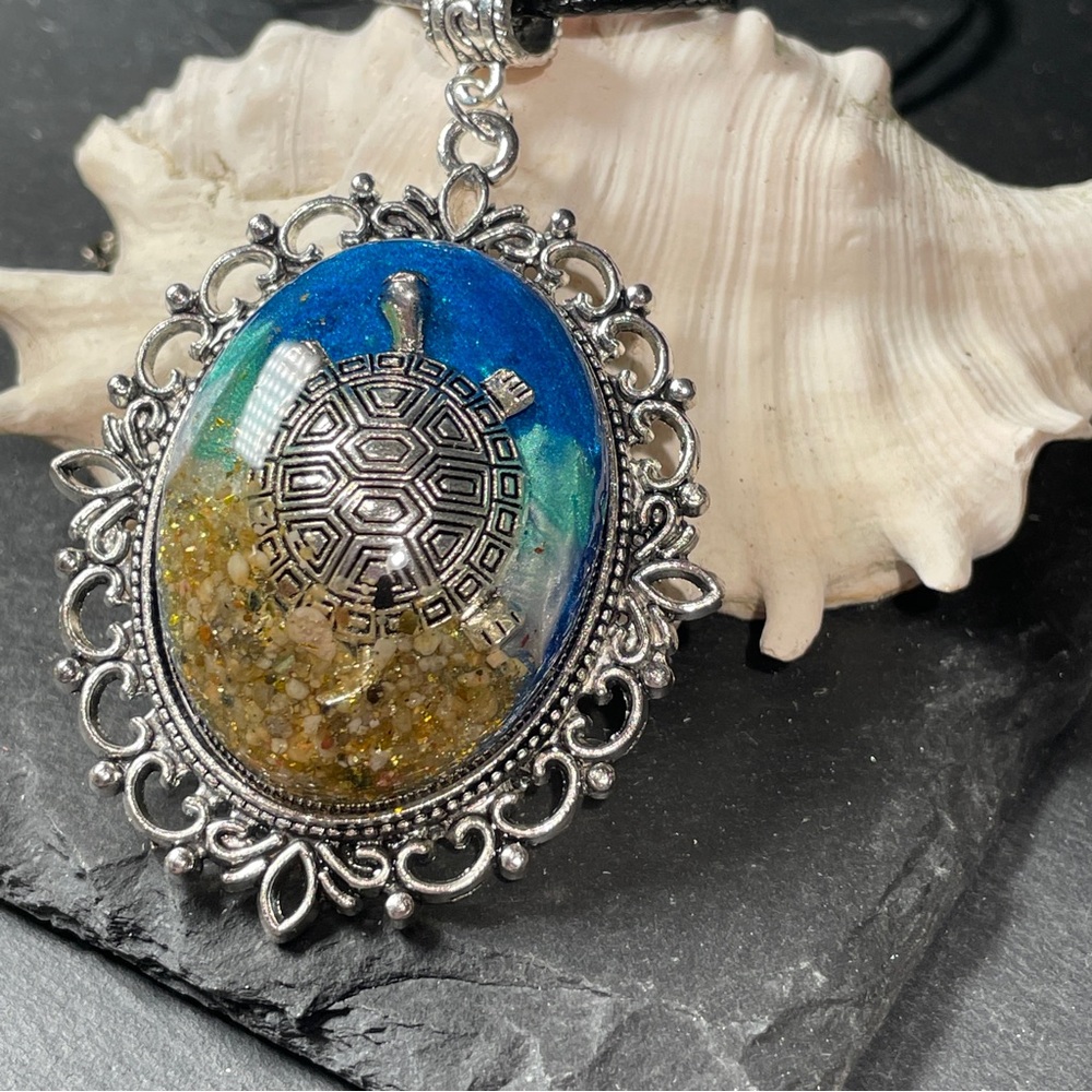 SoCal Sand Custom Made Turtle Pendant With Blue Green And Gold Accents - Picture 6 of 11